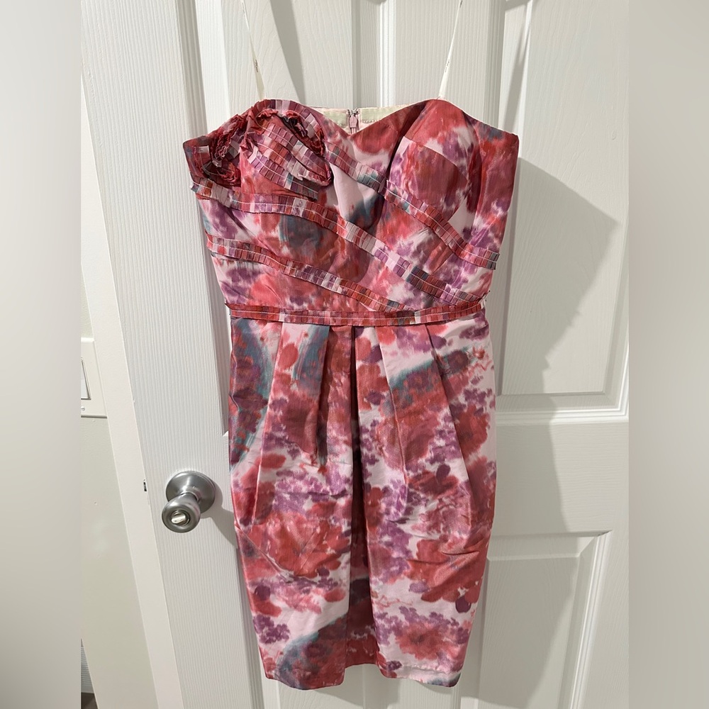 Suzi Chin for Maggy Boutique strapless pink floral taffeta cocktail dress size 6